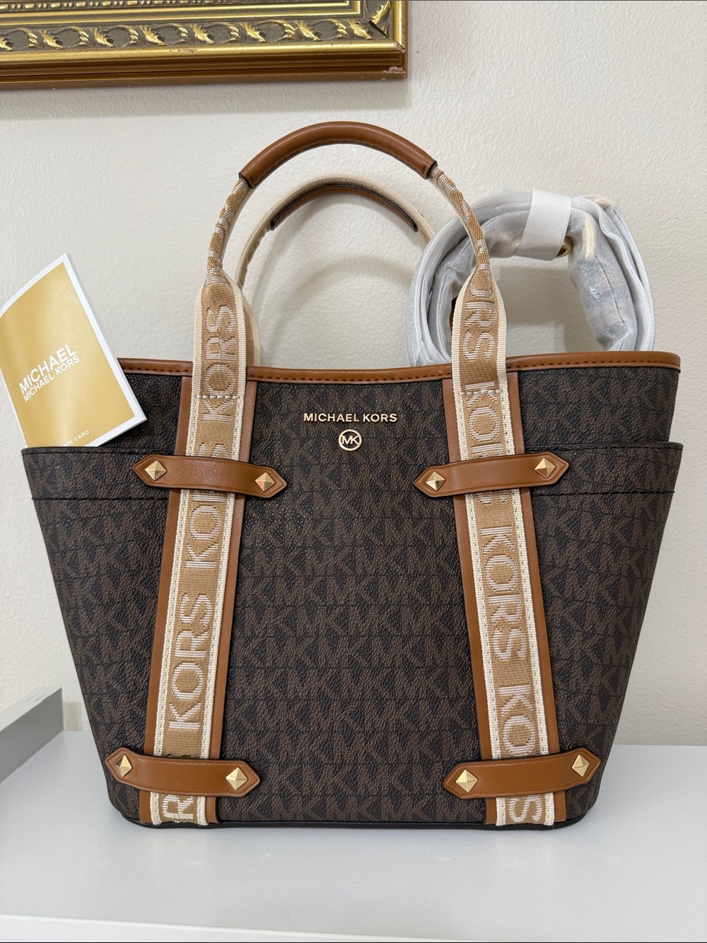 Michael Kors Brown Logo Tote with Tan and Cream Straps with crossbody strap